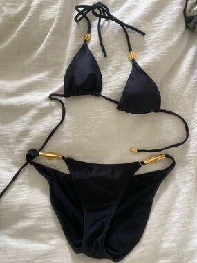 Vix Black Triangle String Bikini with Gold Hardware